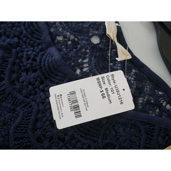 Suzanne Betro Women's Navy Lace Cap-Sleeve Top M - Picture 7 of 7